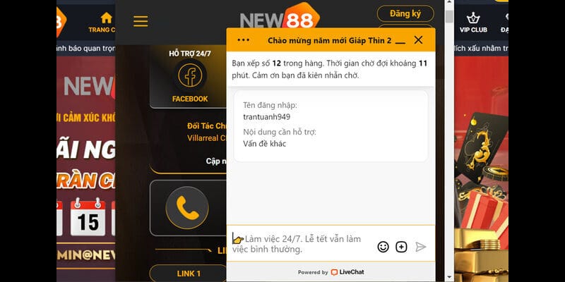 Liên hệ New88 trực tiếp trên livechat